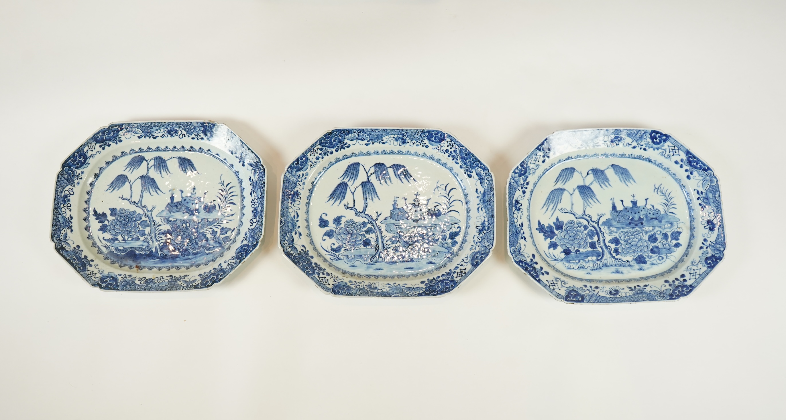 A set of three Chinese blue and white meat dishes, Qianlong period